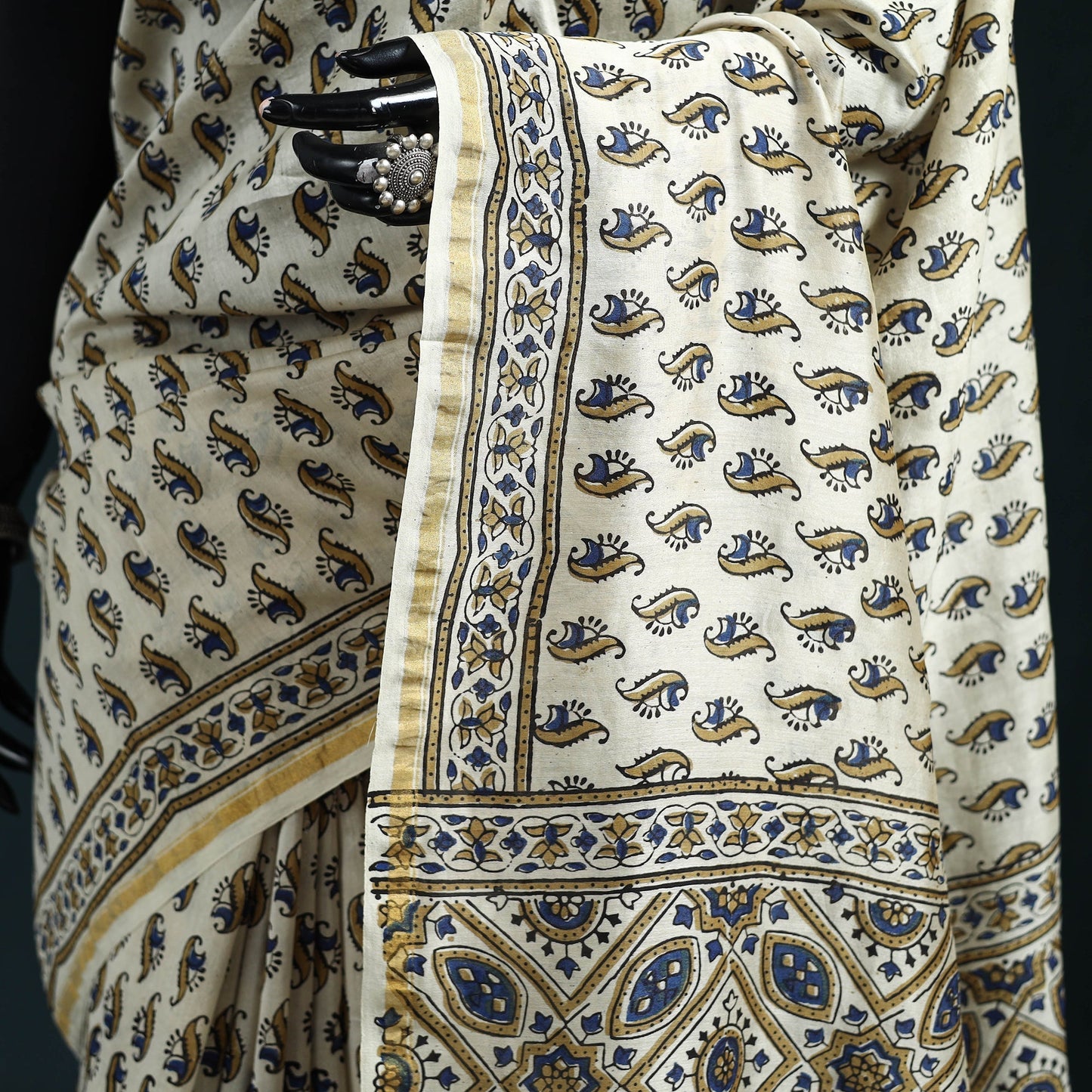 Hand block print natural dyed chanderi silk ajrakh saree 12