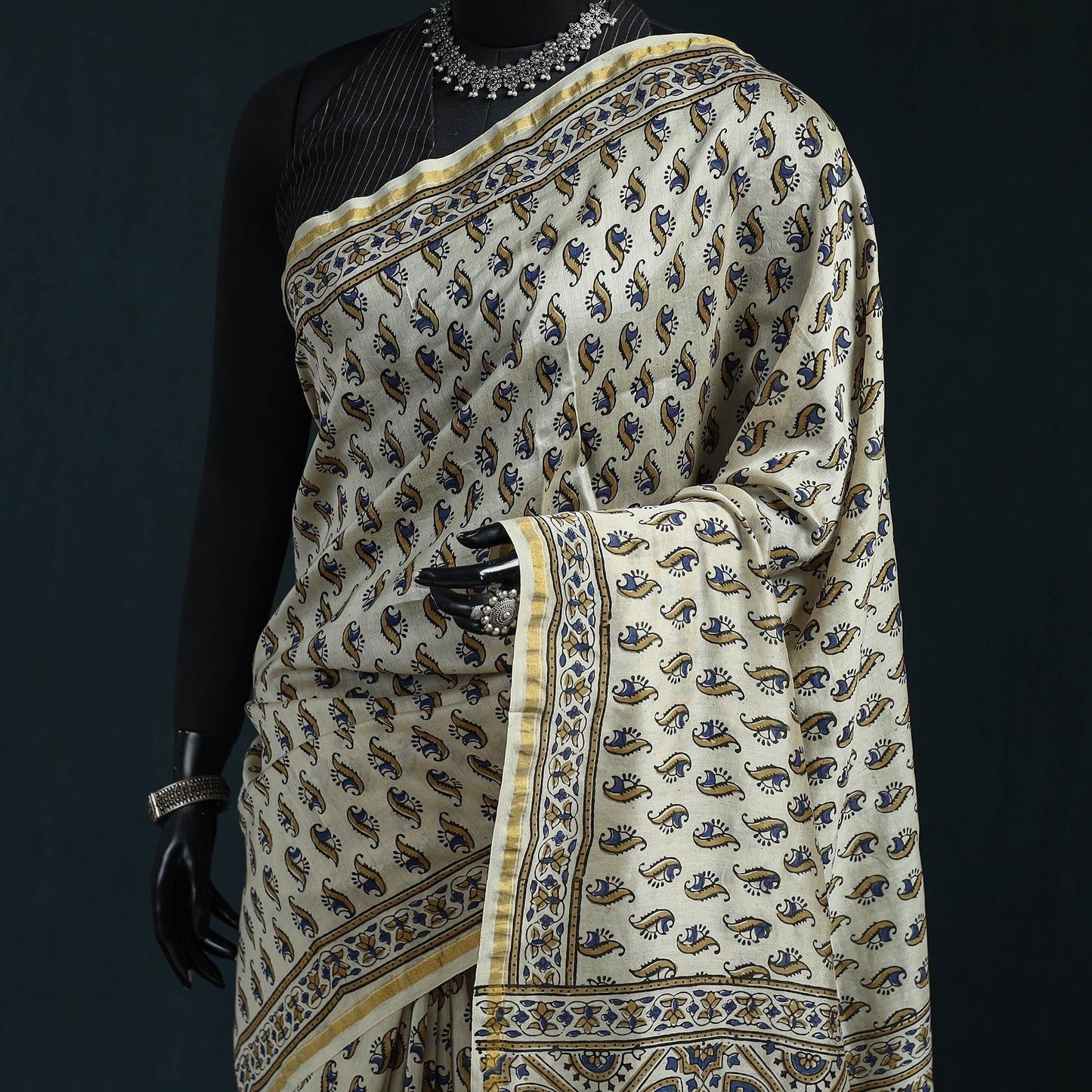 Hand block print natural dyed chanderi silk ajrakh saree 12