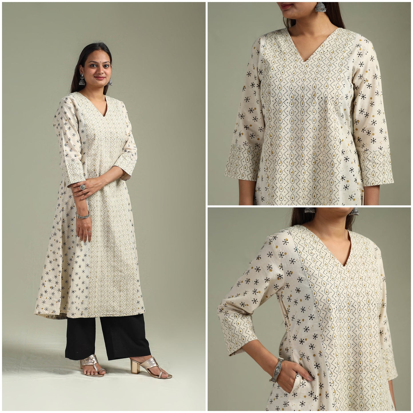 Hand block print natural dyed cotton a-line ajrakh kurta