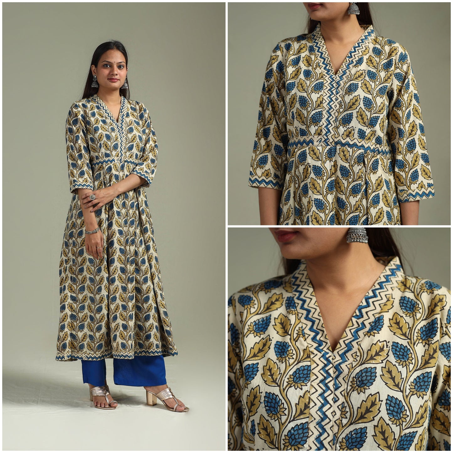 Hand block print natural dyed cotton a-line ajrakh kurta