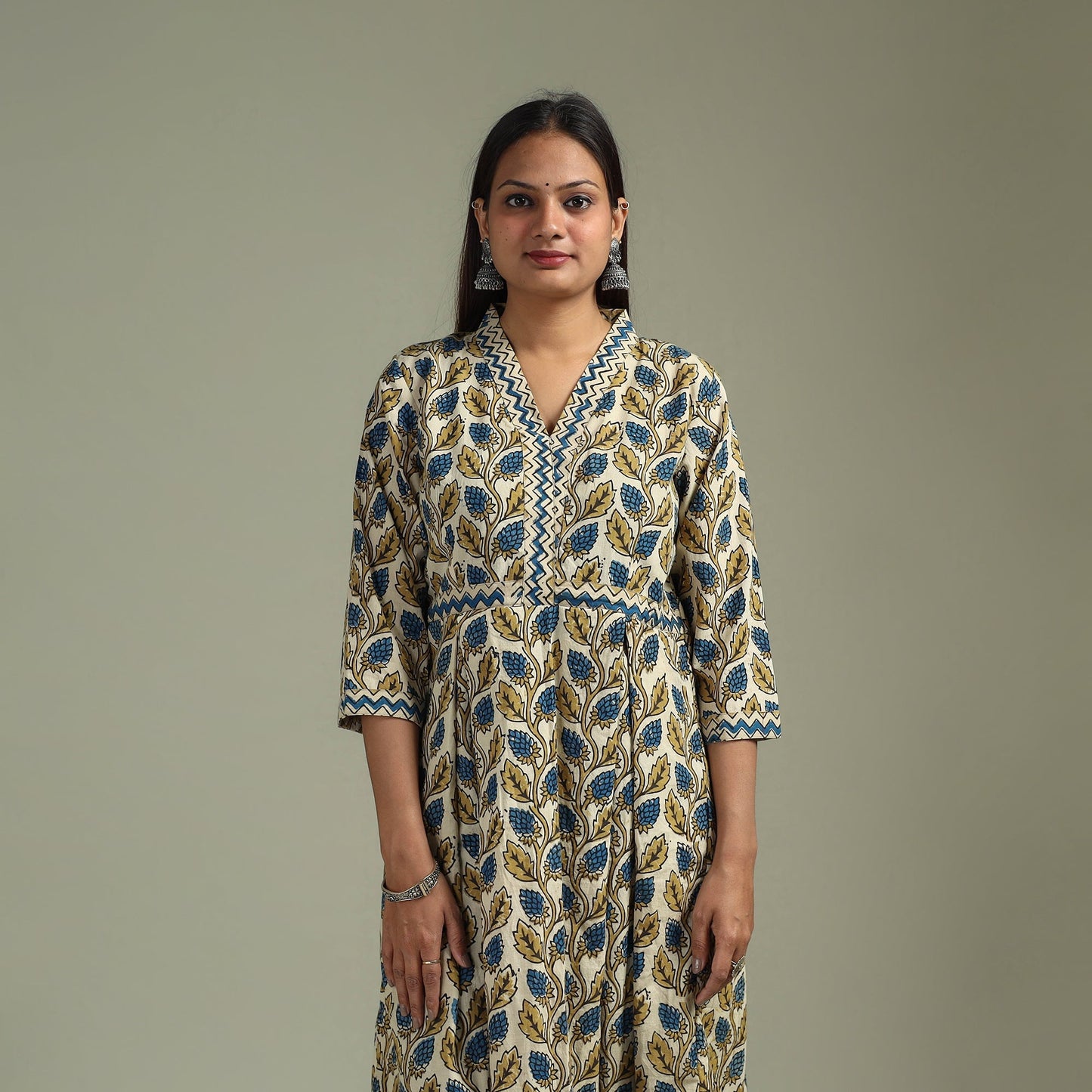 Hand block print natural dyed cotton a-line ajrakh kurta