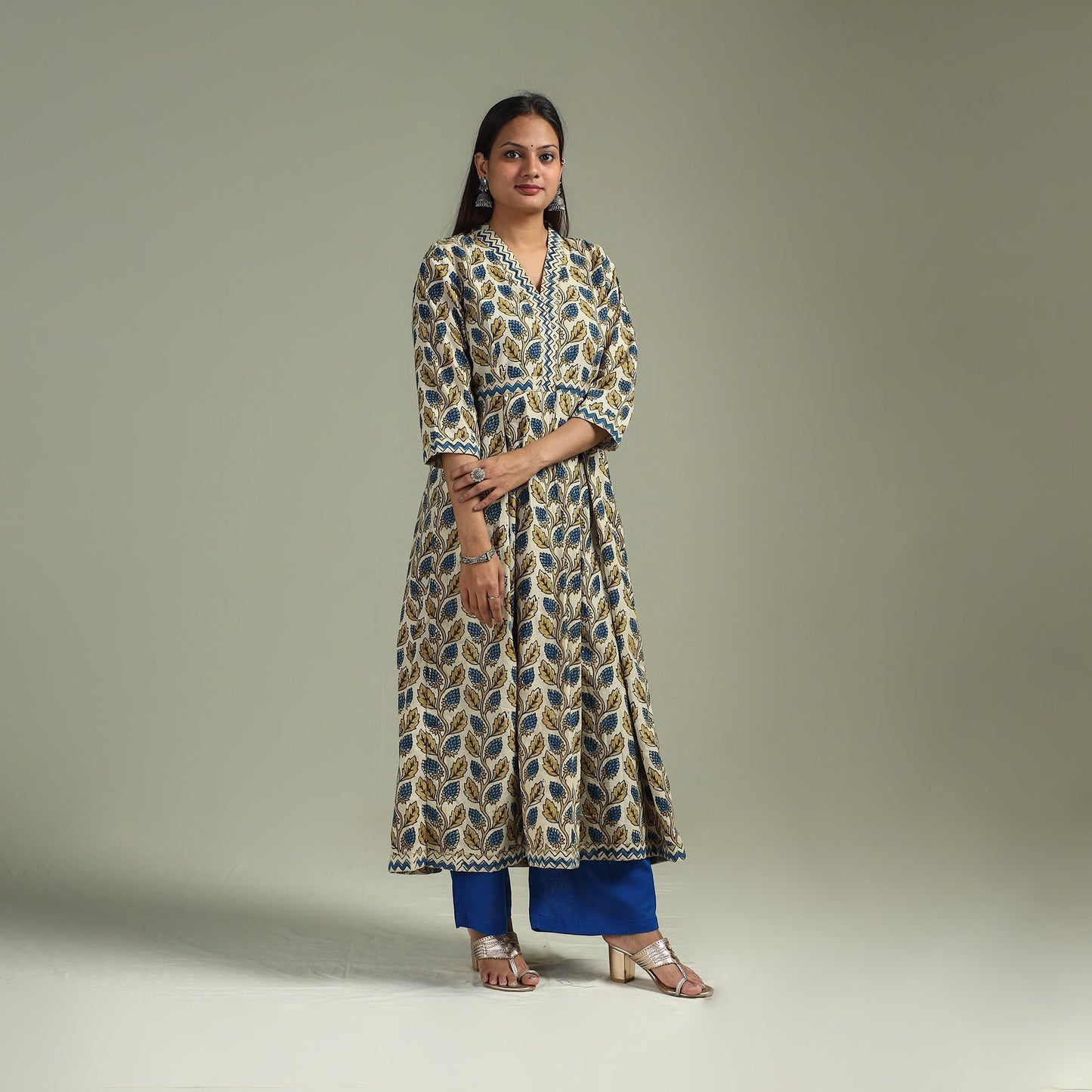 Hand block print natural dyed cotton a-line ajrakh kurta