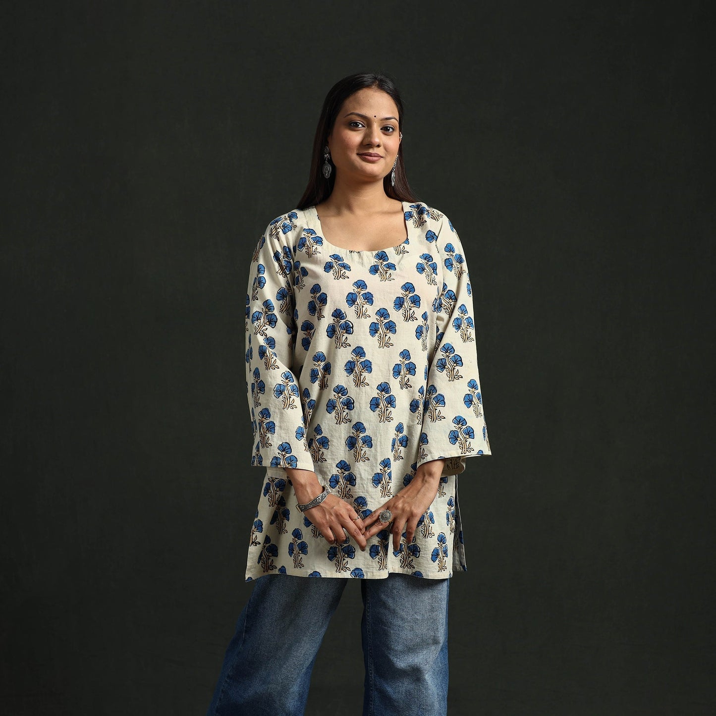 Hand block print natural dyed cotton short ajrakh kurta