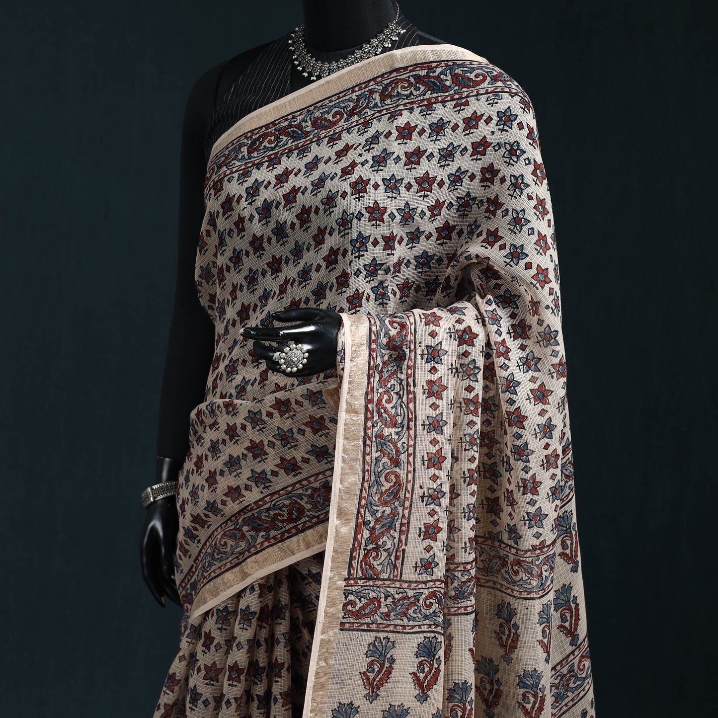 Hand block print natural dyed kota doria cotton ajrakh