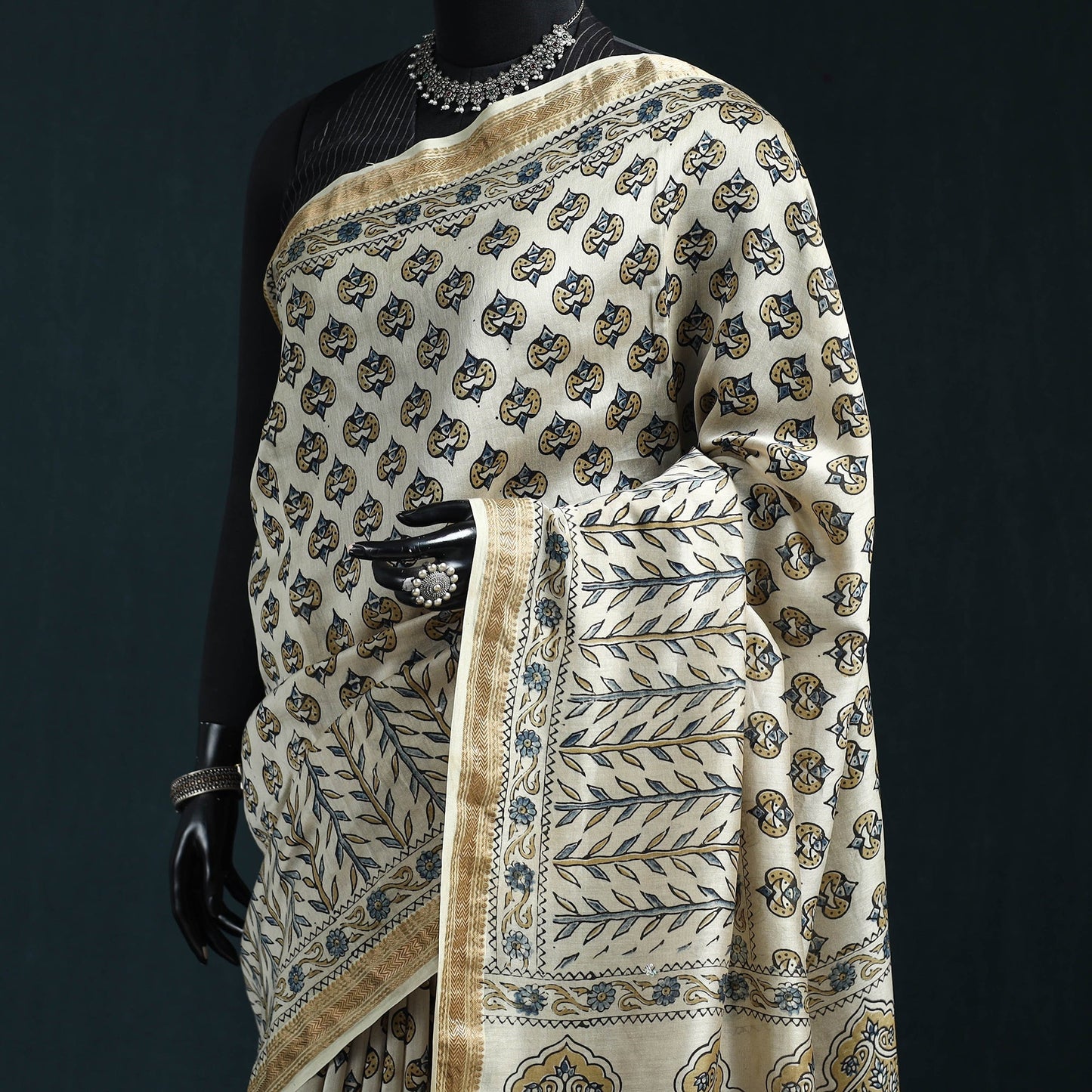 Hand block print natural dyed maheshwari silk ajrakh saree