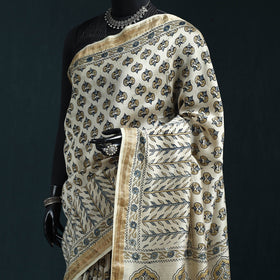 Hand block print natural dyed maheshwari silk ajrakh saree