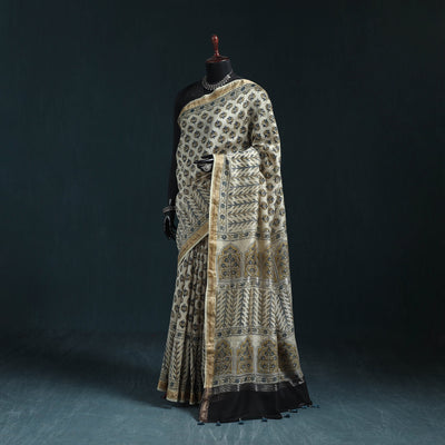 Hand block print natural dyed maheshwari silk ajrakh saree
