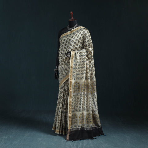 Hand block print natural dyed maheshwari silk ajrakh saree