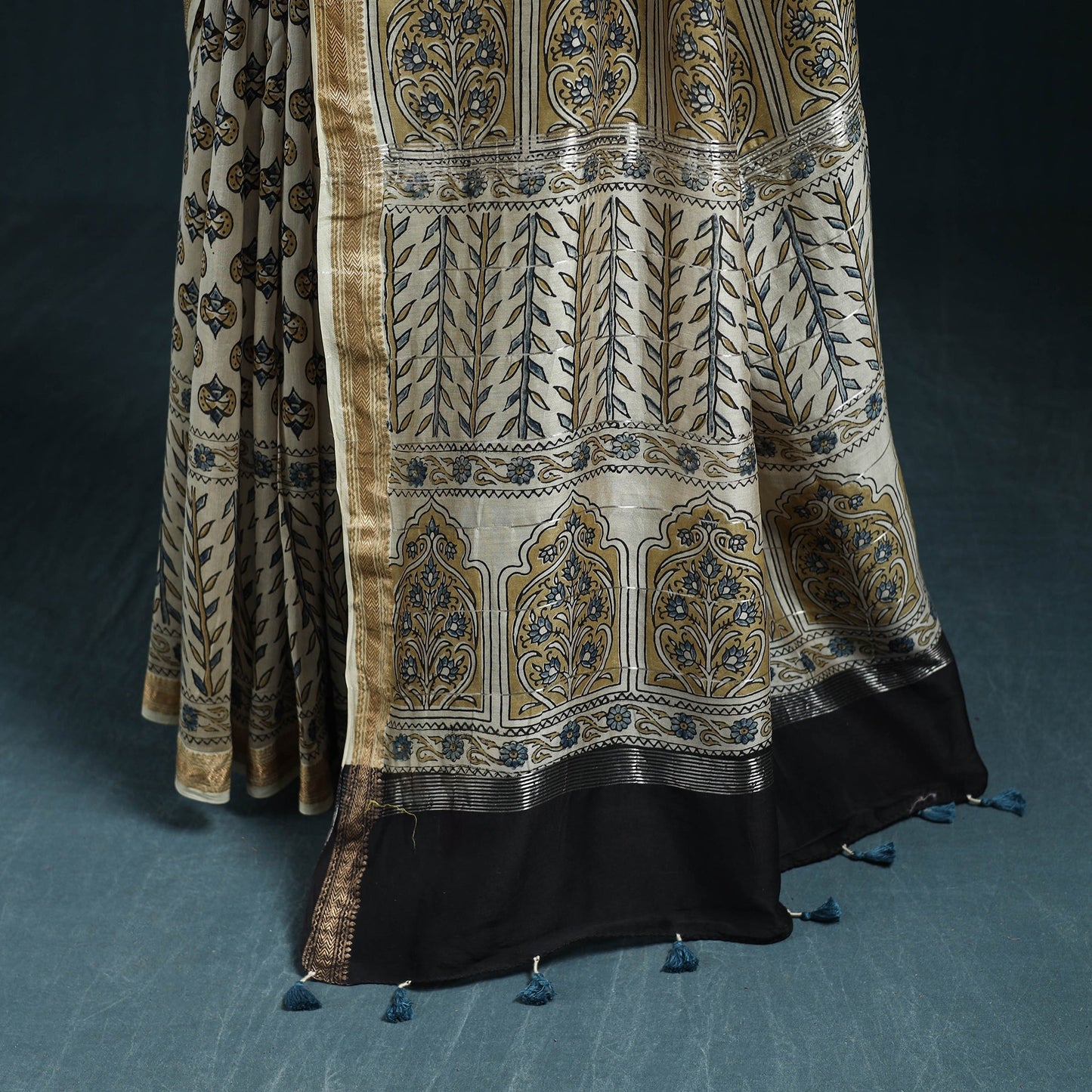 Hand block print natural dyed maheshwari silk ajrakh saree