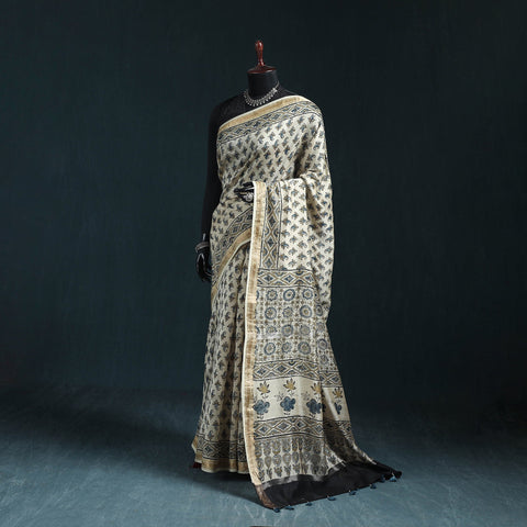 Hand block print natural dyed maheshwari silk ajrakh saree