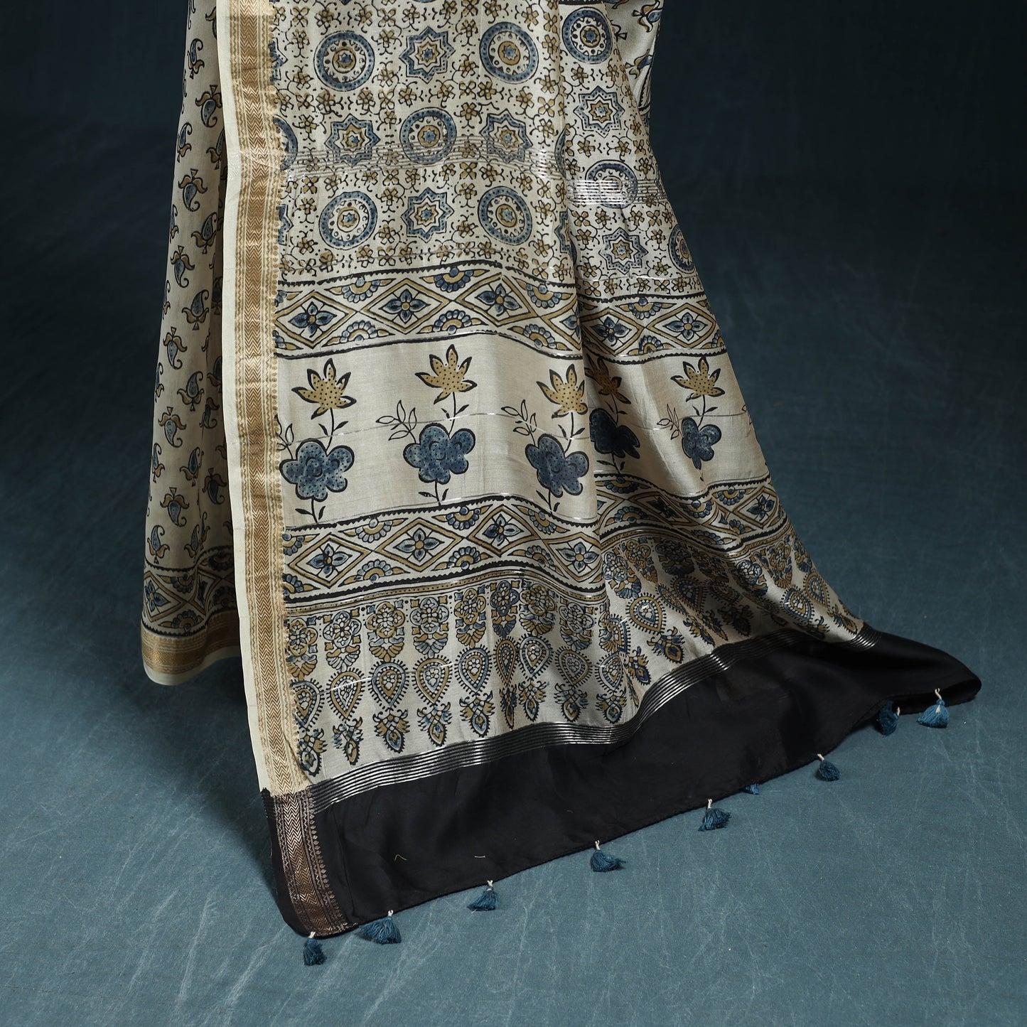 Hand block print natural dyed maheshwari silk ajrakh saree