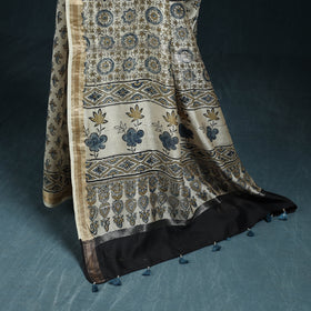 Hand block print natural dyed maheshwari silk ajrakh saree