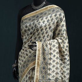 Hand block print natural dyed maheshwari silk ajrakh saree