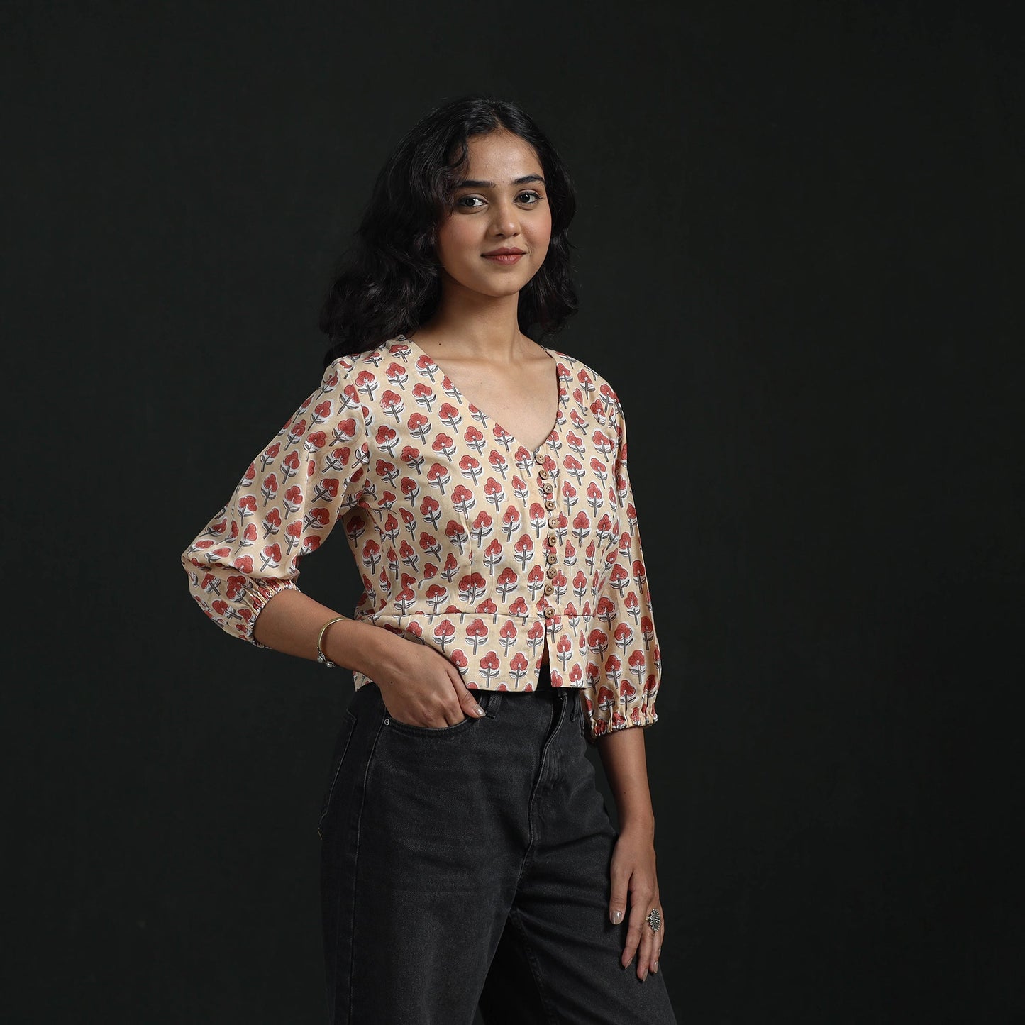 Hand block sanganeri print cotton floral crop top 07