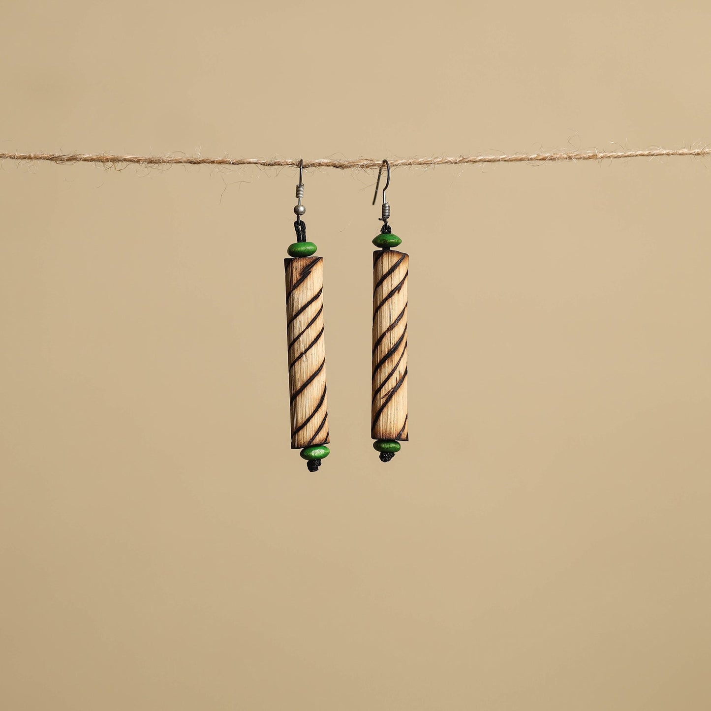 Beige - hand carved bamboo wooden earrings 23 - handcrafted