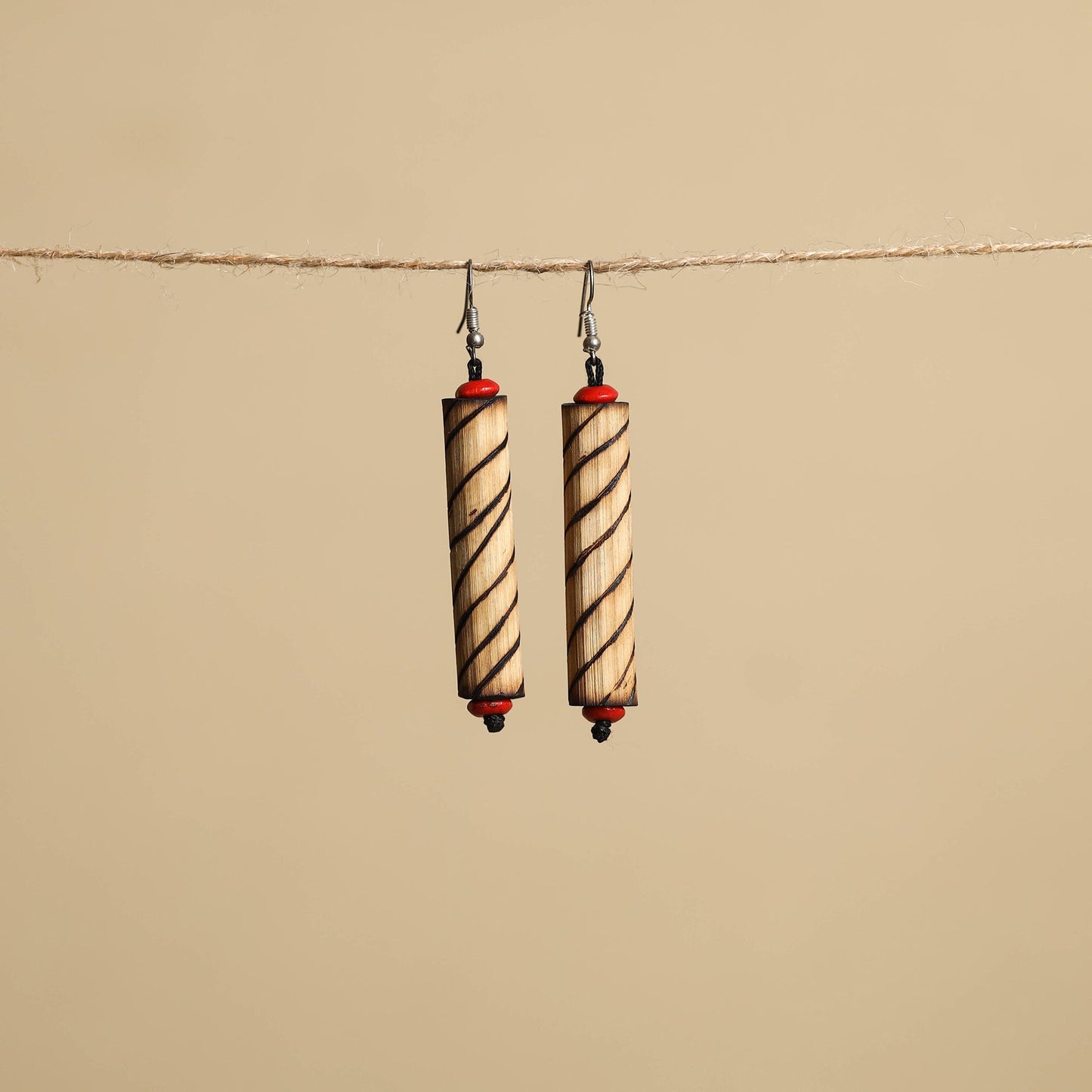 Beige - hand carved bamboo wooden earrings 25 - handcrafted