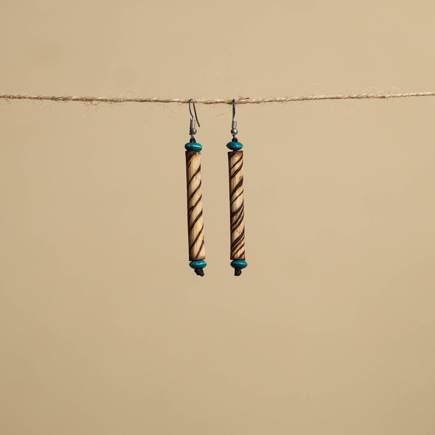 Beige - hand carved bamboo wooden earrings 28 - handcrafted