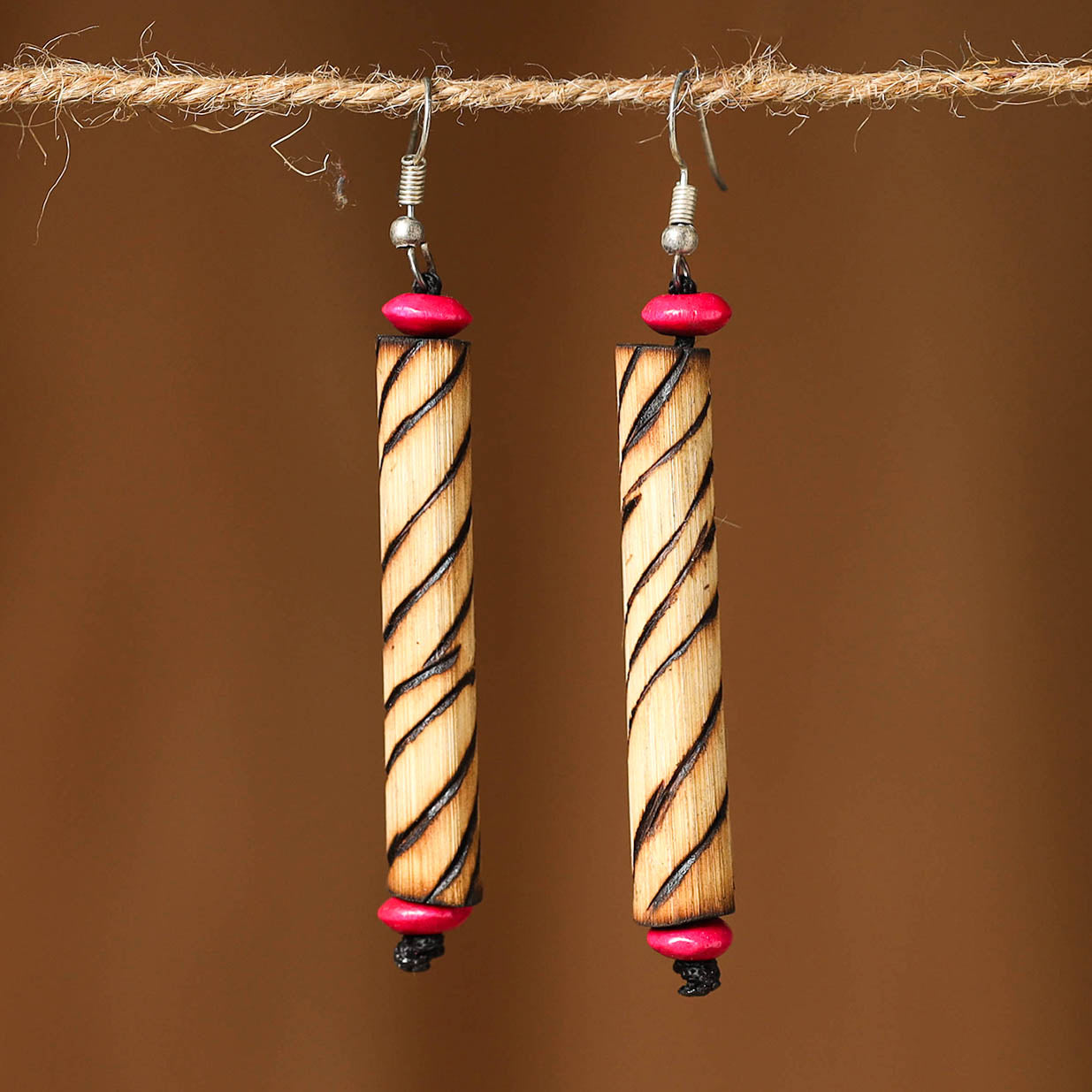 Beige Hand Carved Bamboo Wooden Earrings