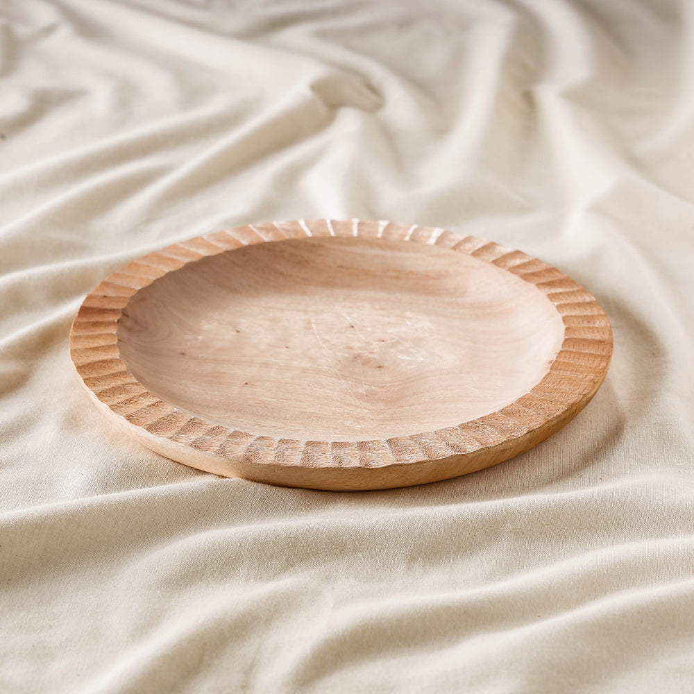 Beige Handcarved Natural Neem Wooden Plate 