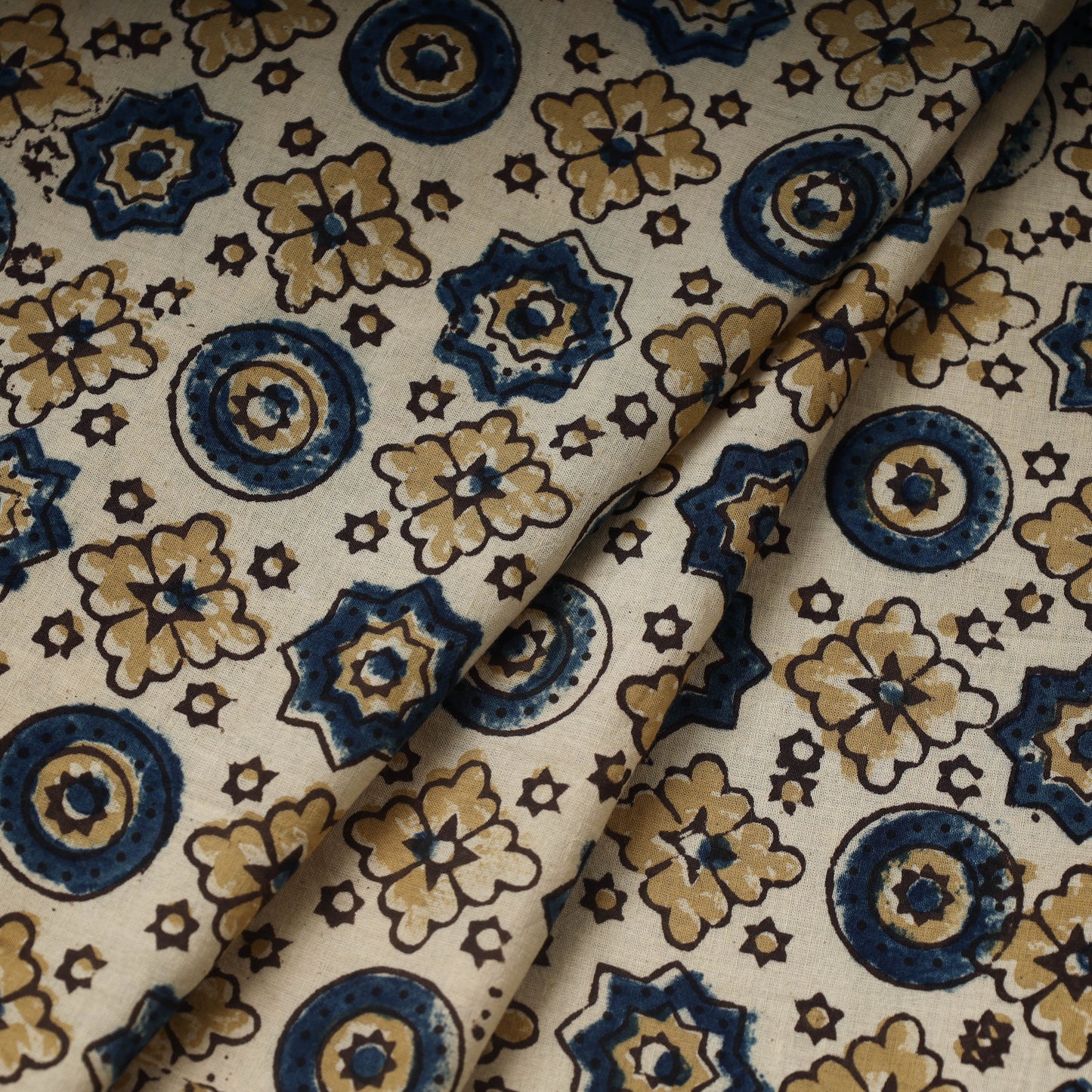 Beige Hand Block Print Cotton Ajrakh Fabric
