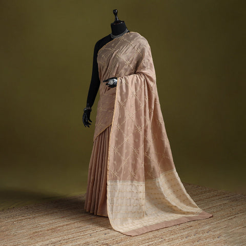 Hand embroidered chanderi silk lucknowi chikan saree 03