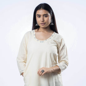 Beige - Hand Embroidered Cotton Long Straight Kurta