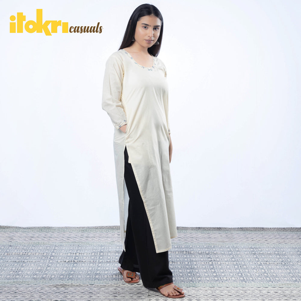 Beige - Hand Embroidered Cotton Long Straight Kurta