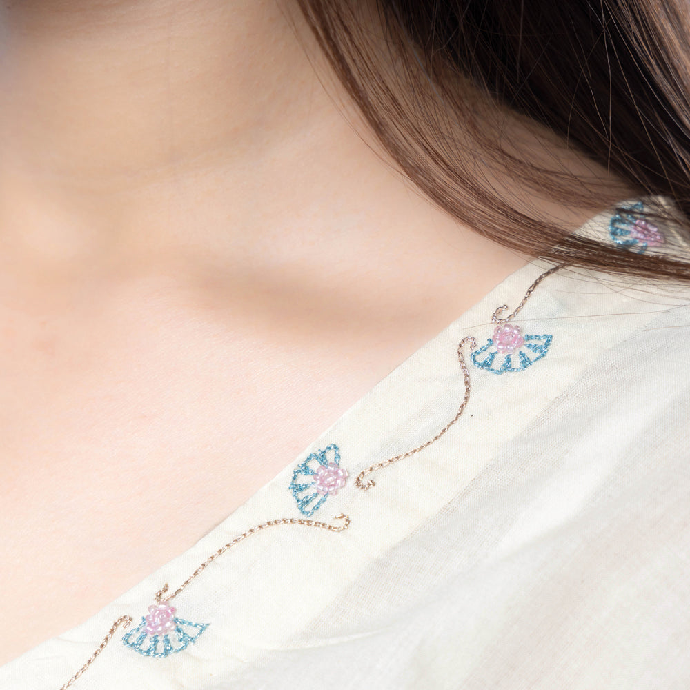 Beige - Hand Embroidered Cotton Long Straight Kurta