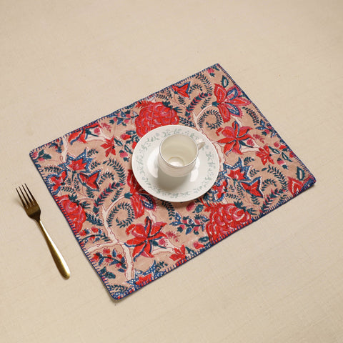 Beige Hand Embroidered Floral Cotton Reversible Table Mat
