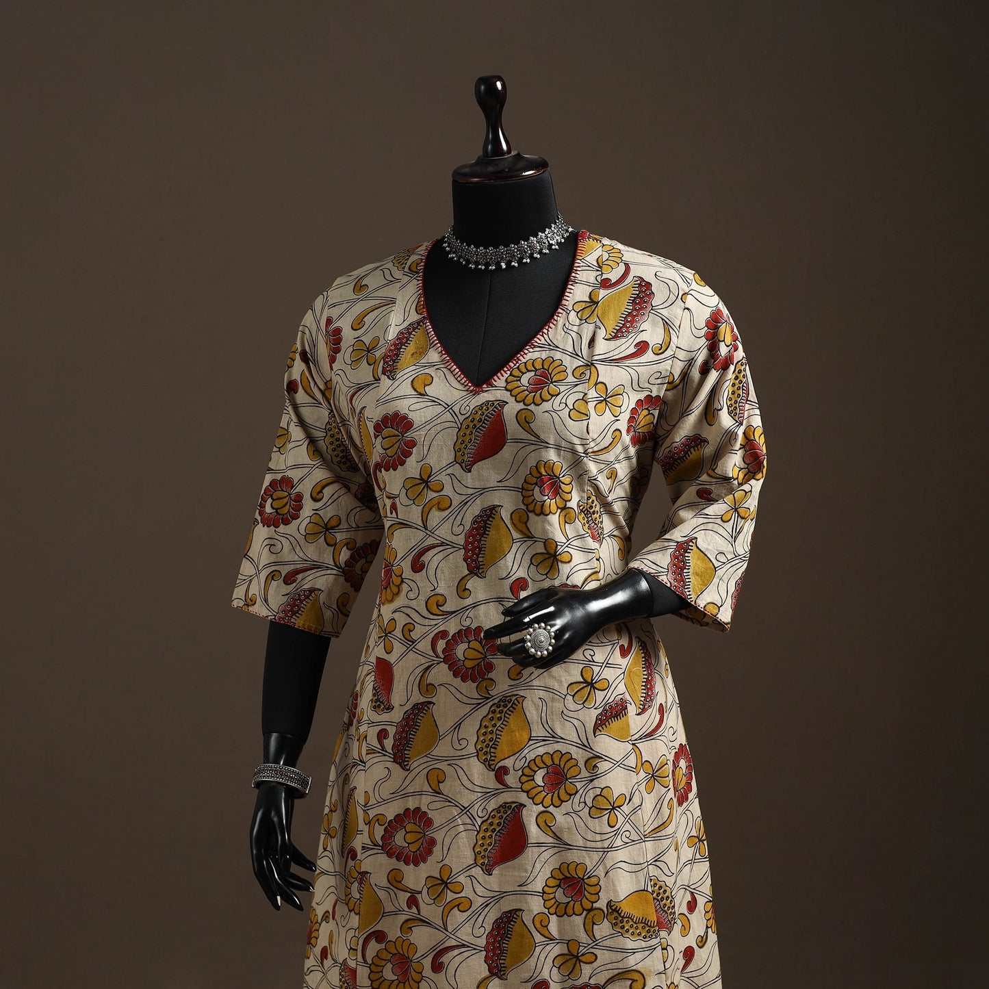 Hand embroidered printed cotton a-line kalamkari kurta