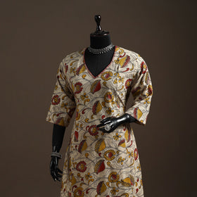 Hand embroidered printed cotton a-line kalamkari kurta