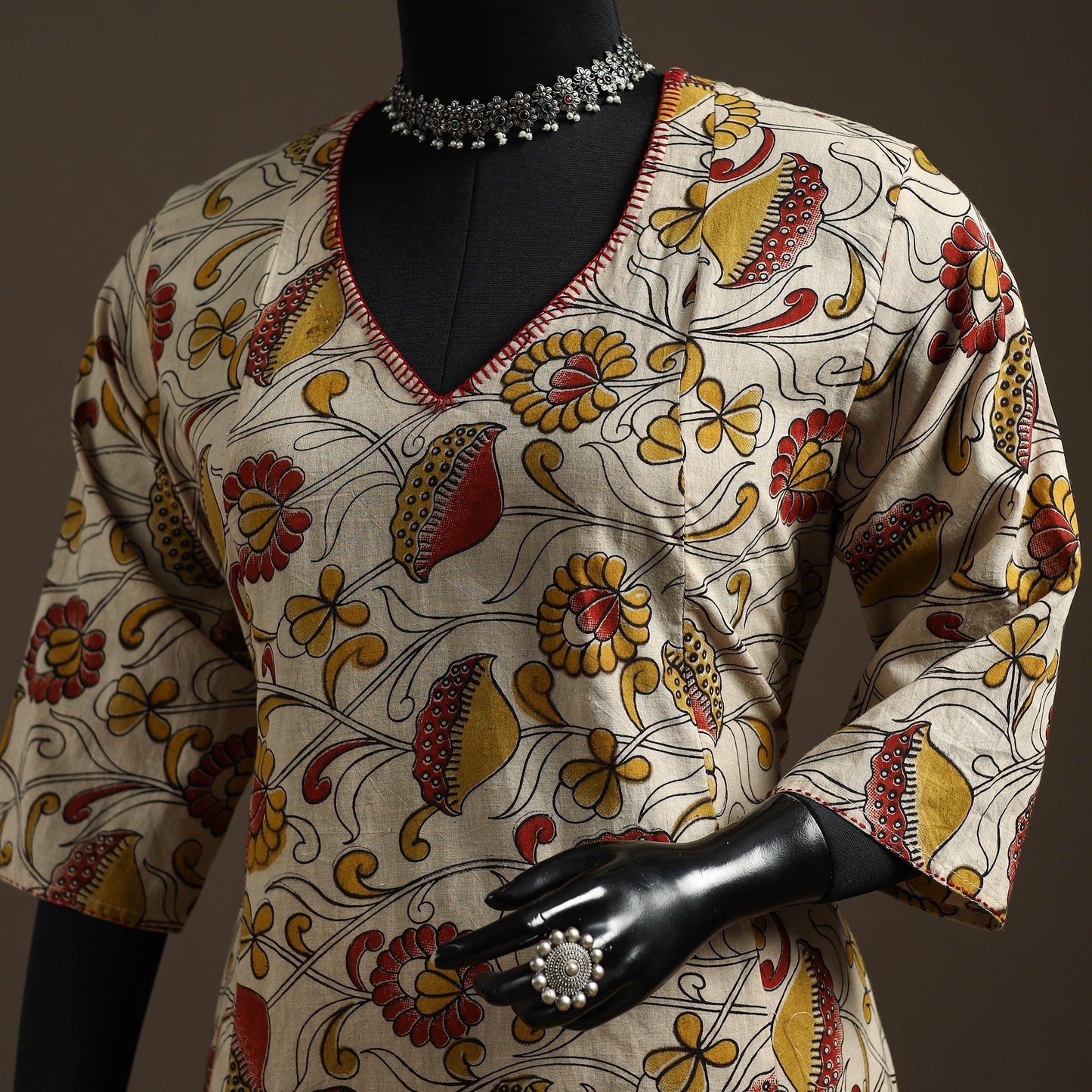 Hand embroidered printed cotton a-line kalamkari kurta