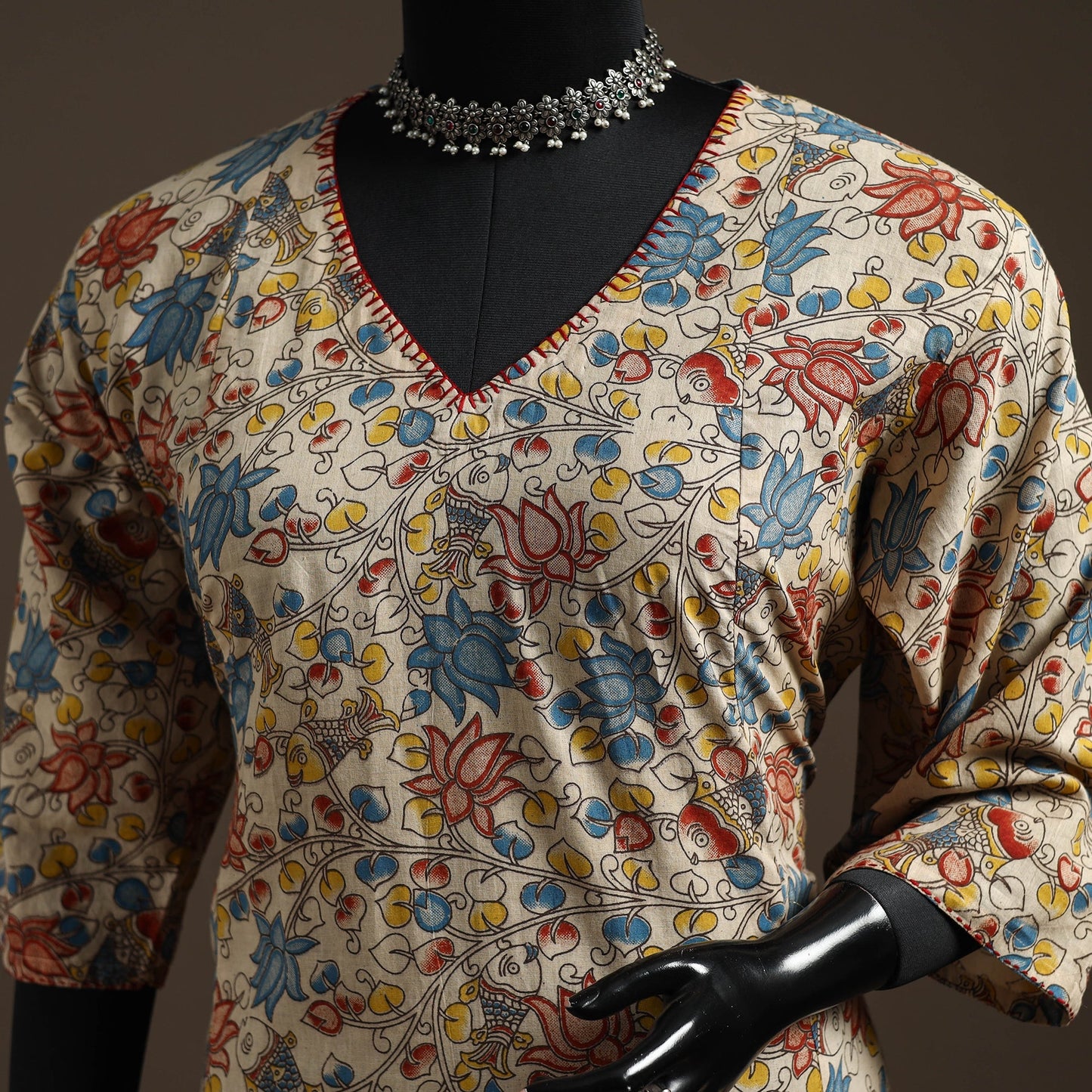 Hand embroidered printed cotton a-line kalamkari kurta