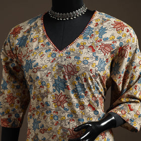 Hand embroidered printed cotton a-line kalamkari kurta