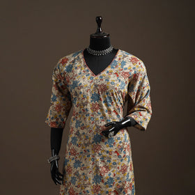 Hand embroidered printed cotton a-line kalamkari kurta