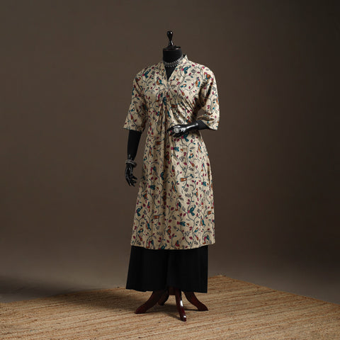 Hand embroidered printed cotton a-line kalamkari kurta