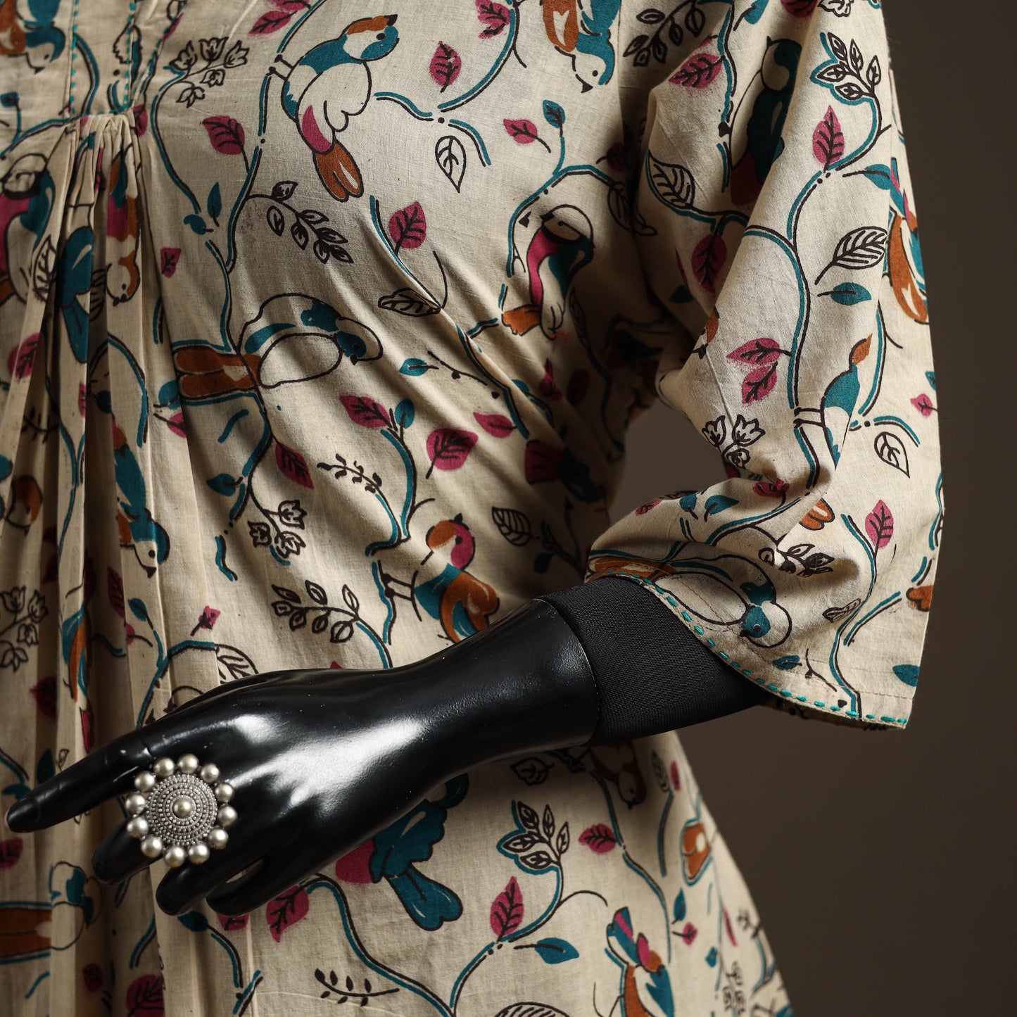 Hand embroidered printed cotton a-line kalamkari kurta