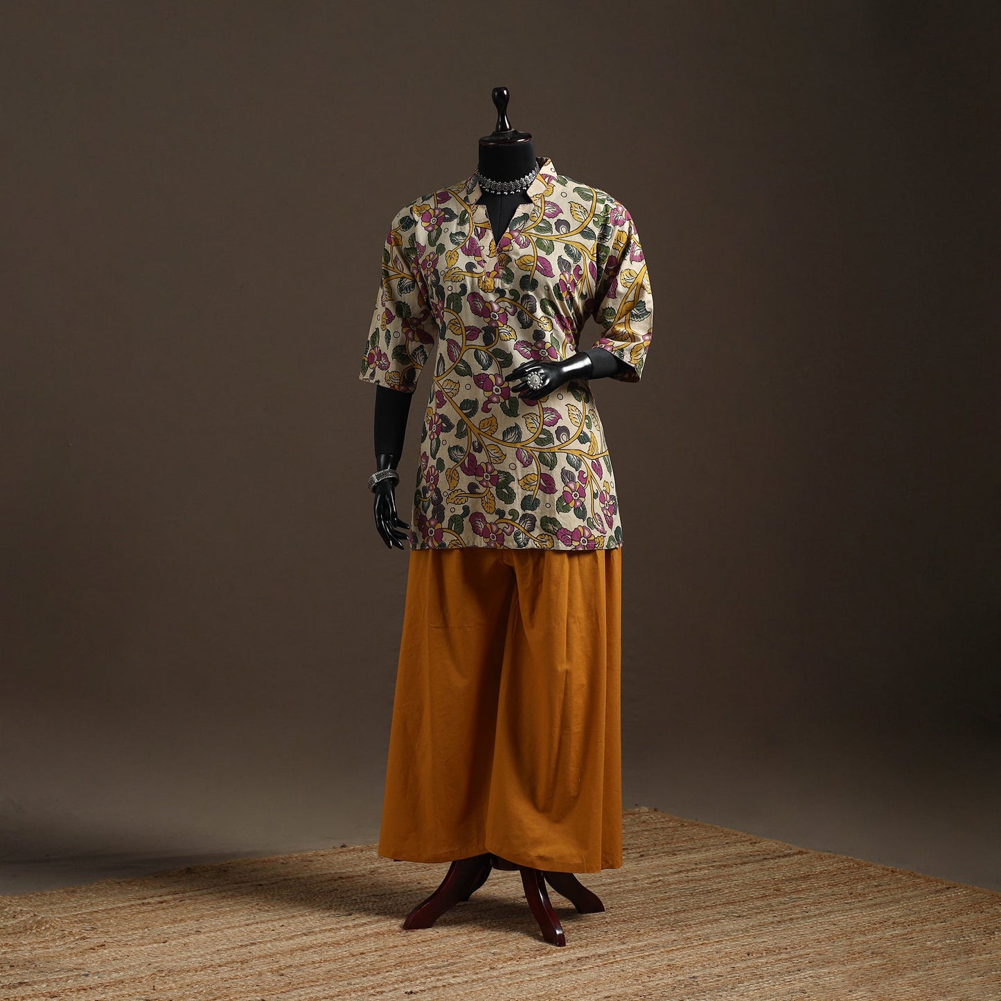 Hand embroidered printed cotton short kalamkari kurta