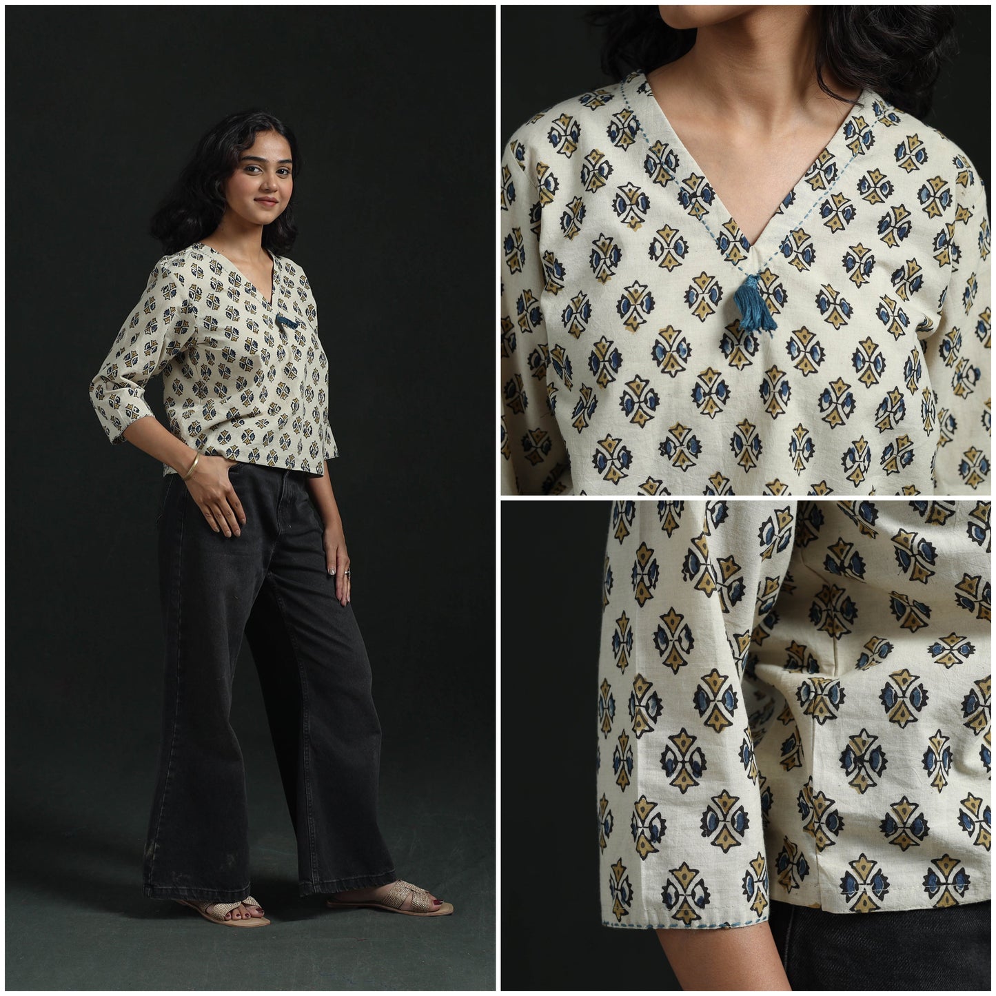 Hand embroidery block print cotton natural dyed ajrakh crop
