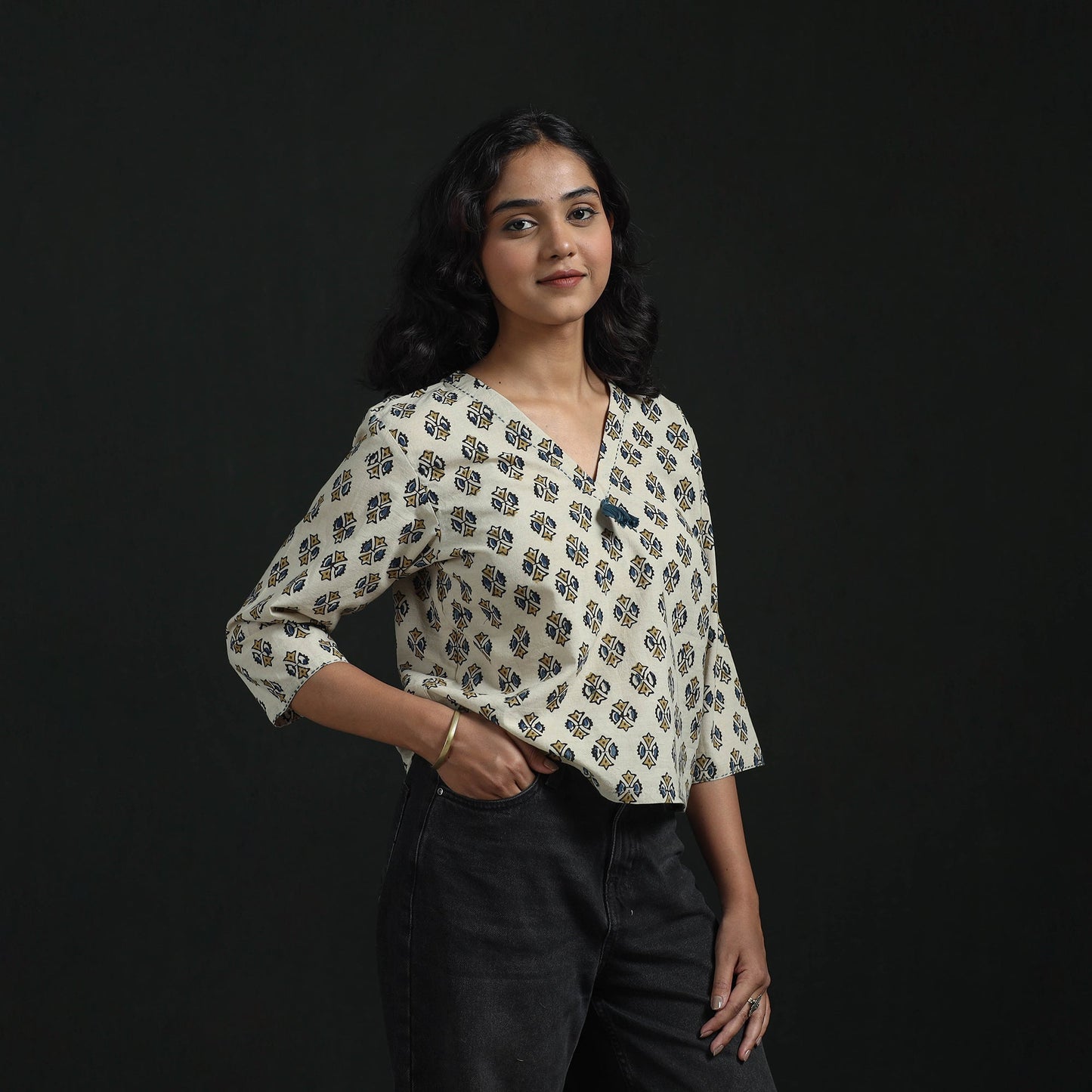 Hand embroidery block print cotton natural dyed ajrakh crop