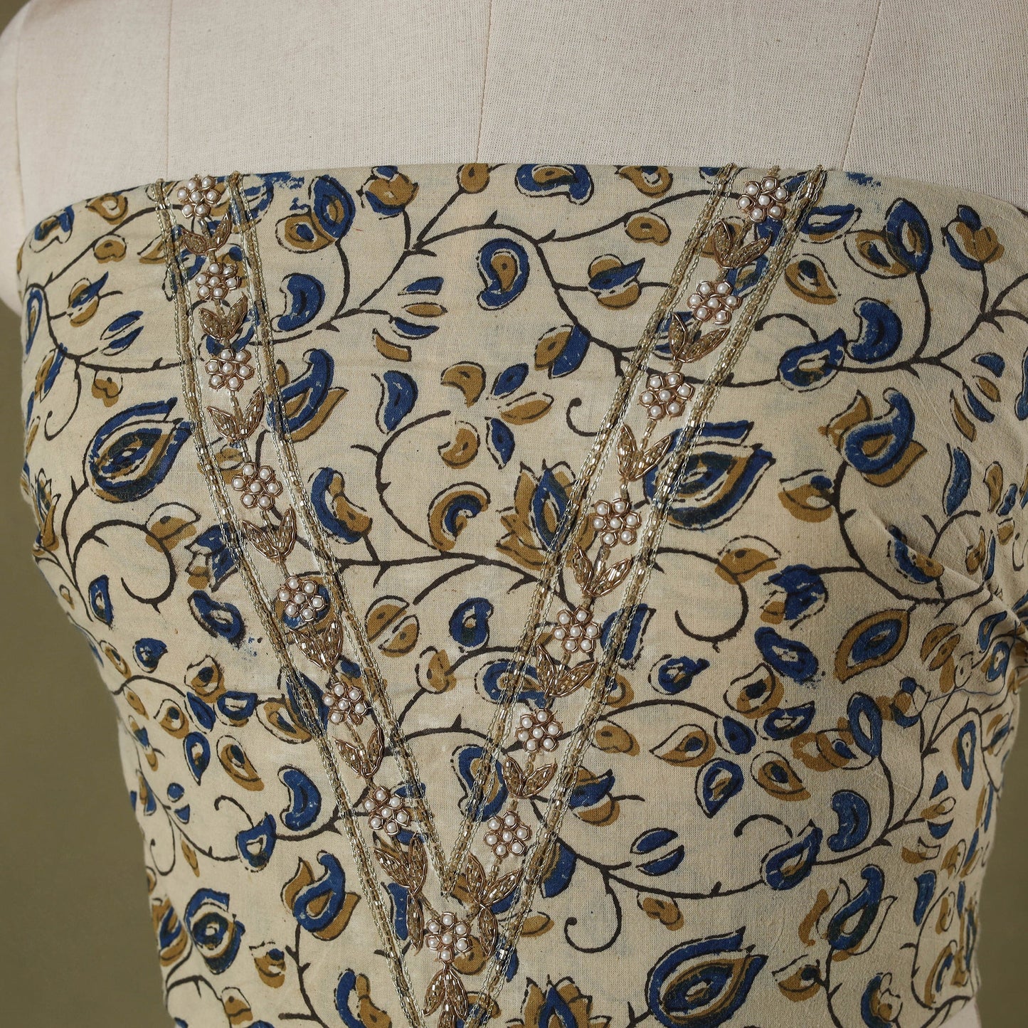 Beige Ajrakh Print Hand Embroidery Cotton Blouse Piece