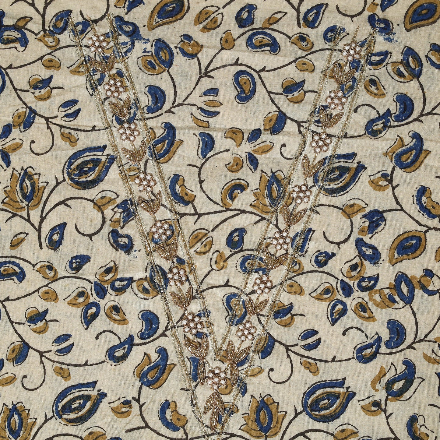 Beige Ajrakh Print Hand Embroidery Cotton Blouse Piece