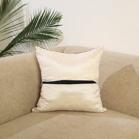 Beige Hand Embroidered Cushion Cover in Chanderi Silk