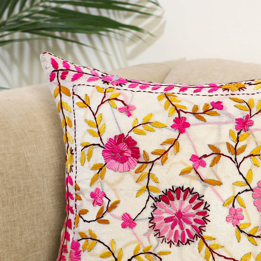 Beige Hand Embroidered Cushion Cover in Chanderi Silk
