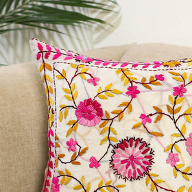 Beige Hand Embroidered Cushion Cover in Chanderi Silk