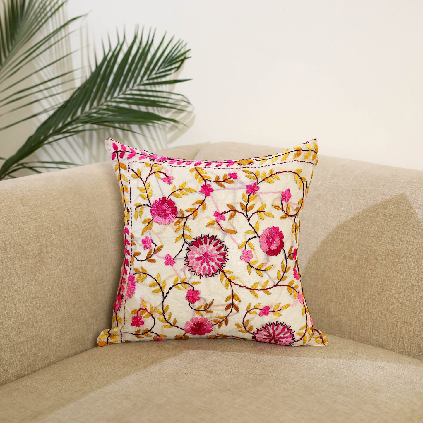 Beige Hand Embroidered Cushion Cover in Chanderi Silk