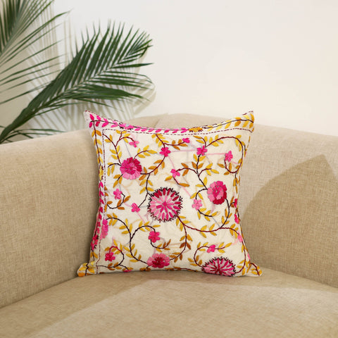 Beige Hand Embroidered Cushion Cover in Chanderi Silk