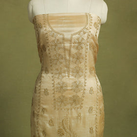 Beige Hand Embroidery Tussar Silk Chikankari Kurta Material