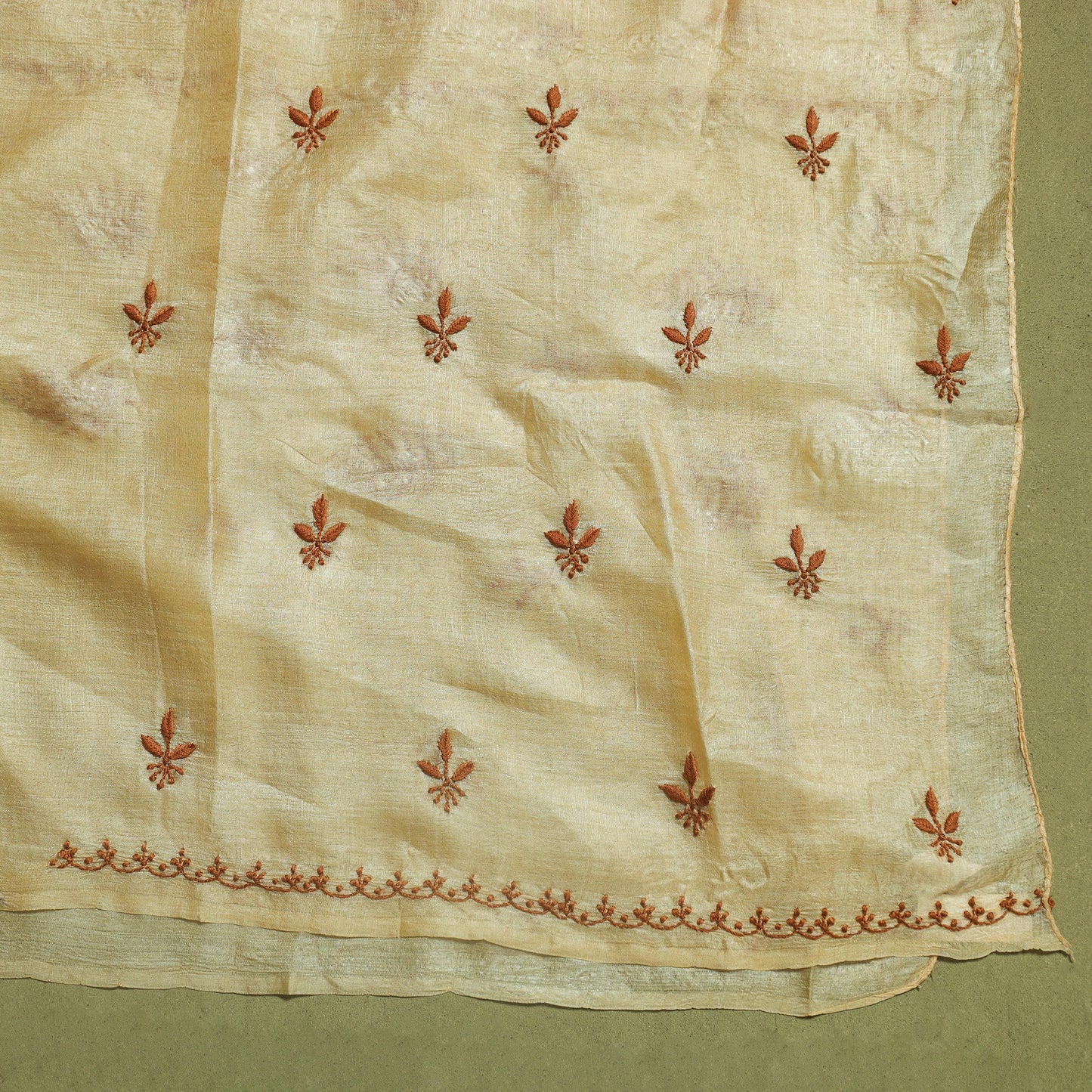 Beige Hand Embroidery Tussar Silk Chikankari Kurta Material