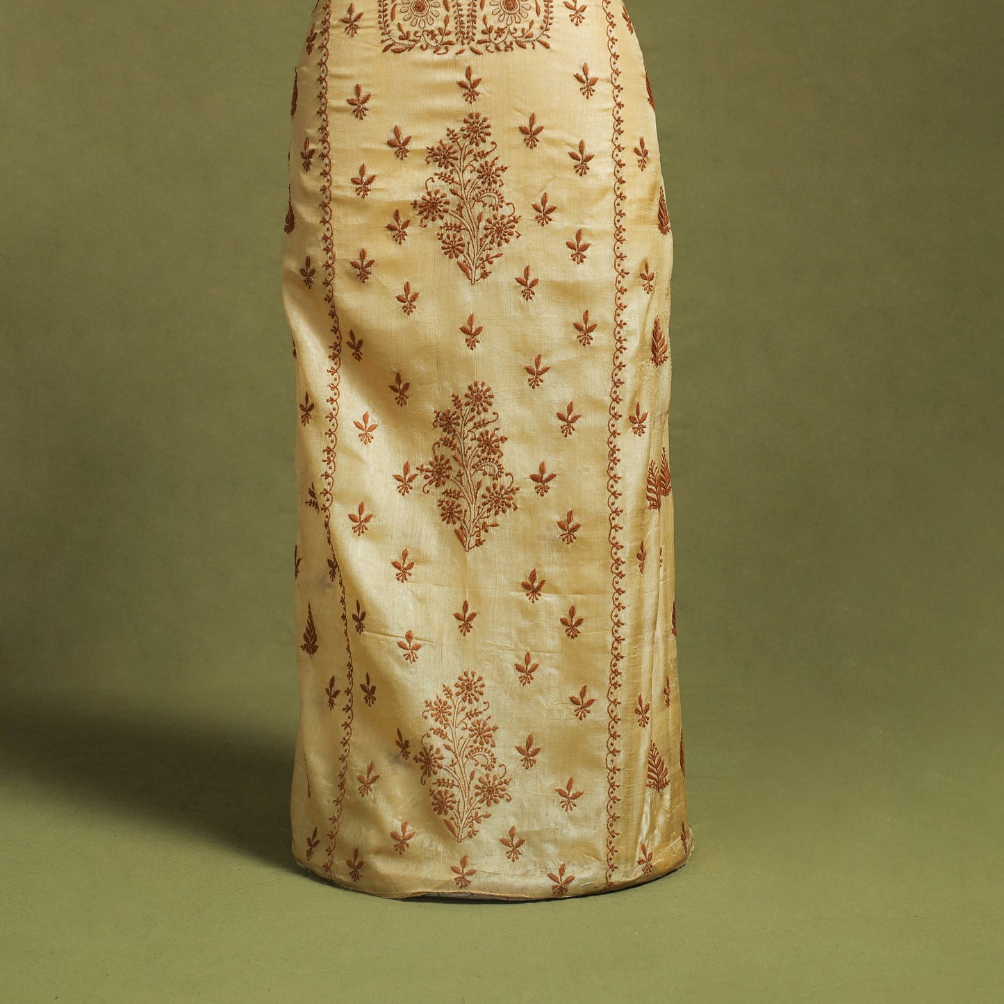 Beige Hand Embroidery Tussar Silk Chikankari Kurta Material